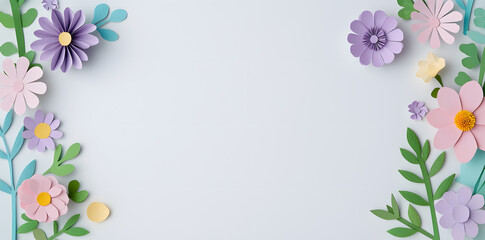 Fototapeta premium Framework for congratulation with different colored blossoms flowers, in paper cut style