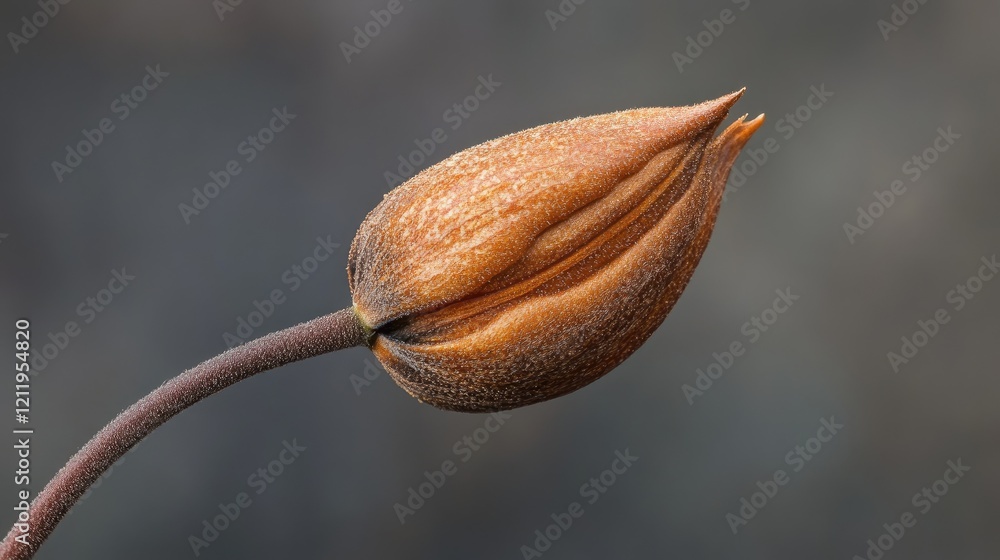 Poster macro shot of a unique tulip bud showcasing intricate textures and earthy tones against a blurred ba