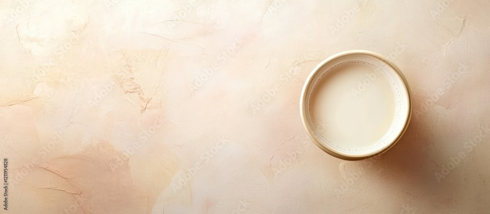 Poster Top view of a creamy milk coffee cup on a soft beige textured backdrop with ample blank space for minimalistic design and text overlay
