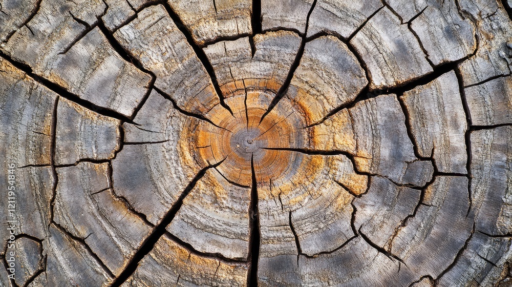 Aufkleber aged tree trunk cross-section showcasing intricate bark texture and natural cracks in a rich earthy 