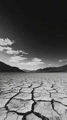 A barren landscape unfolds with deep, cracked earth reflecting the relentless sun. The vastness showcases an unforgiving environment, evoking a sense of desolation and resilience against the odds