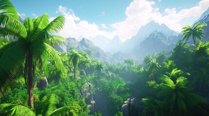 Fototapeta premium Lush tropical forest landscape in mountainous terrain with vibrant greenery and distant peaks under a bright blue sky