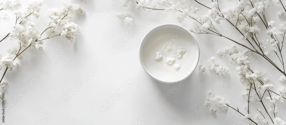 Poster Minimalist flat lay of a white breakfast setup with an empty bowl and delicate flowers on a clean surface ideal for text overlay