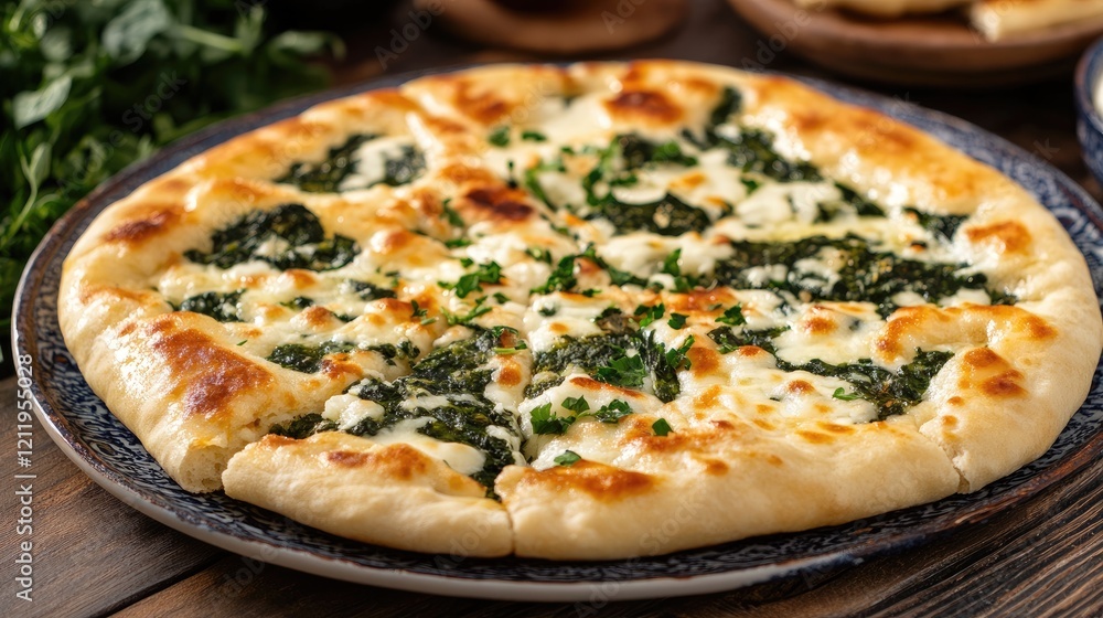Poster Turkish flatbread topped with cheese and spinach elegantly presented on a decorative plate in a rustic setting