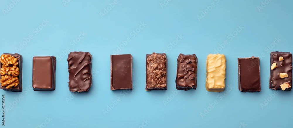 Poster Assorted Chocolate Bars Arranged on Blue Background with Various Fillings Whole and Partially Eaten Featuring Empty Space for Text