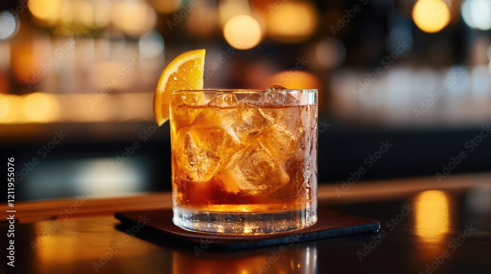 Poster citrus garnished glass of refreshing sparkling water with ice and bubbles on a bar counter