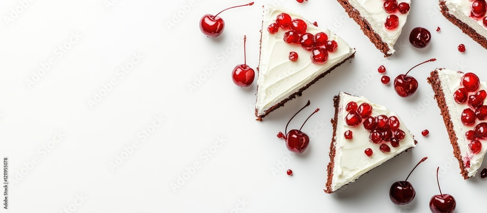 Poster Assorted cake slices featuring rich chocolate and creamy frosting topped with vibrant red cherries on a clean white background with ample space for text.