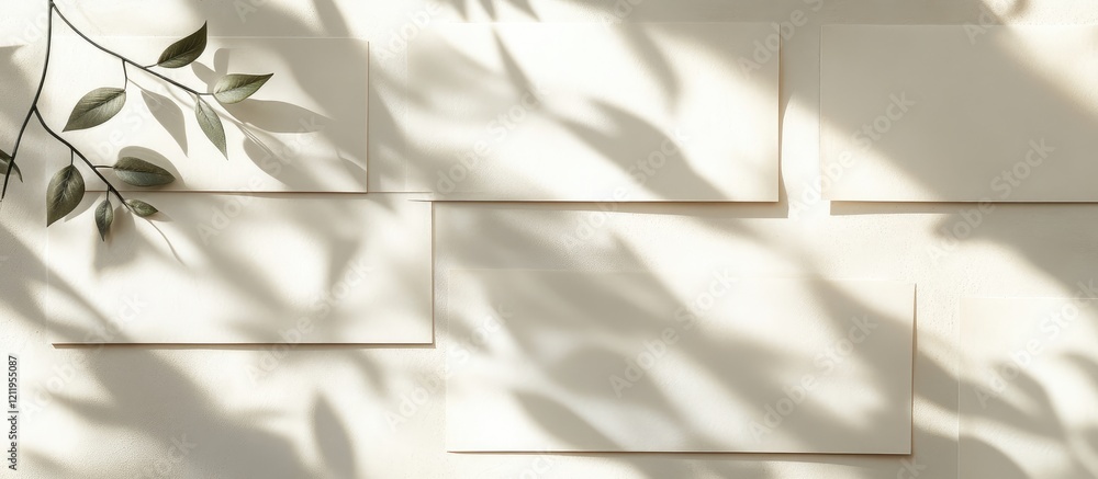 Fototapete Top View of Blank A4 Paper Sheets with Natural Shadows on Cream Background for Portfolio and Office Mockup Branding Template with Empty Space for Text
