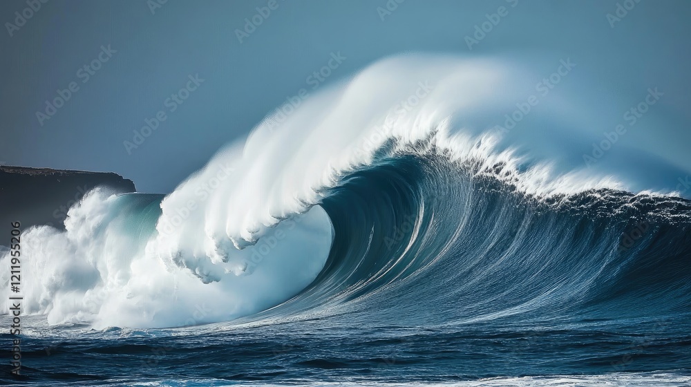 Poster dramatic ocean waves crashing with white foam against a serene backdrop capturing the power and beau