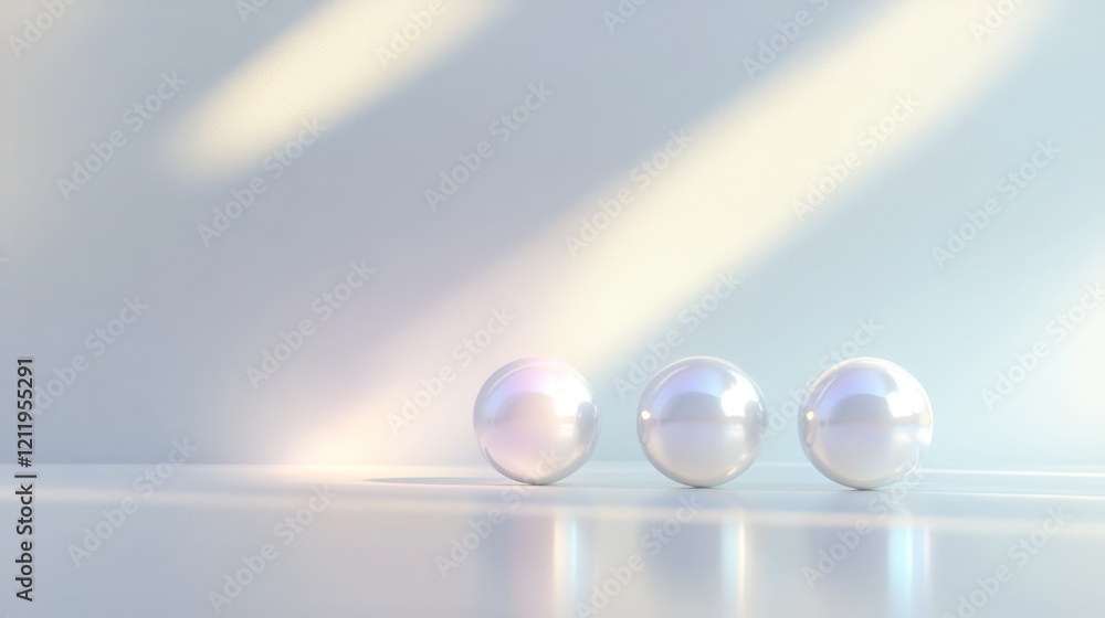 Poster elegant display of three pearls illuminated by soft pastel light on a reflective surface