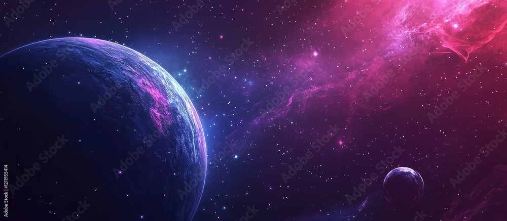 Poster Colorful Galaxy Backdrop with Black Hole and Planets in Deep Space for Theoretical Physics and Astronomy Concepts Featuring Copyspace for Text