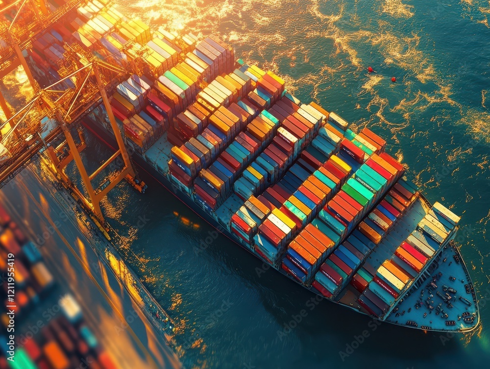 Poster aerial view of a container ship loaded with vibrant cargo containers docked in a busy port during su