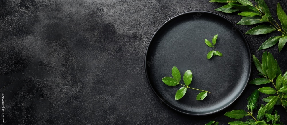 Poster minimalist flat lay image of a black plate with green leaves on dark textured tabletop creating an e