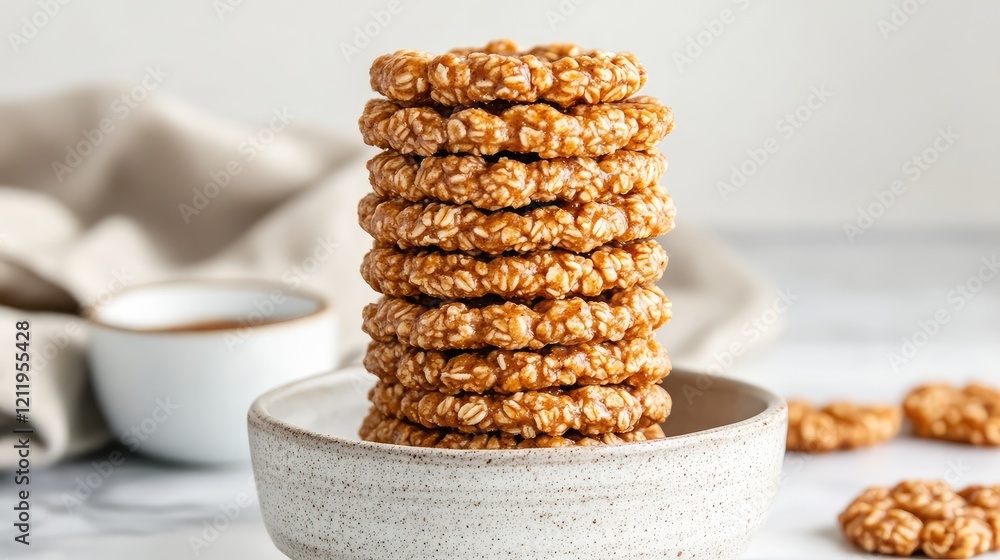 Poster stacked golden cinnamon roll cereal on a textured beige plate against a light marble background with