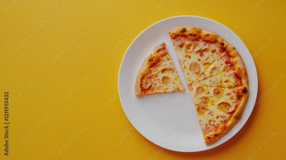 Poster delicious cheese pizza slices on a white plate against a vibrant yellow background with ample space 