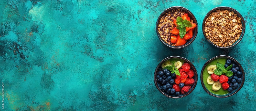 Poster vibrant turquoise textured backdrop featuring top view of assorted fruit and vegetable smoothie bowl