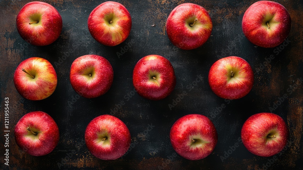 Poster aerial view of vibrant red apples arranged on a rustic chalkboard background ideal for back to schoo