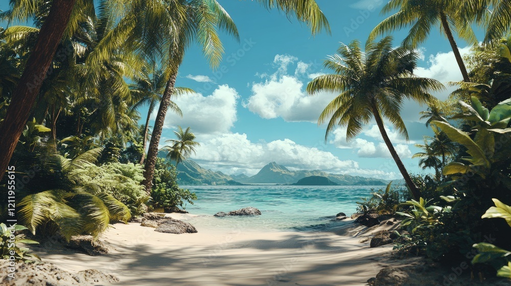 Poster stunning tropical beach with palm trees and clear turquoise waters under a bright blue sky creating 
