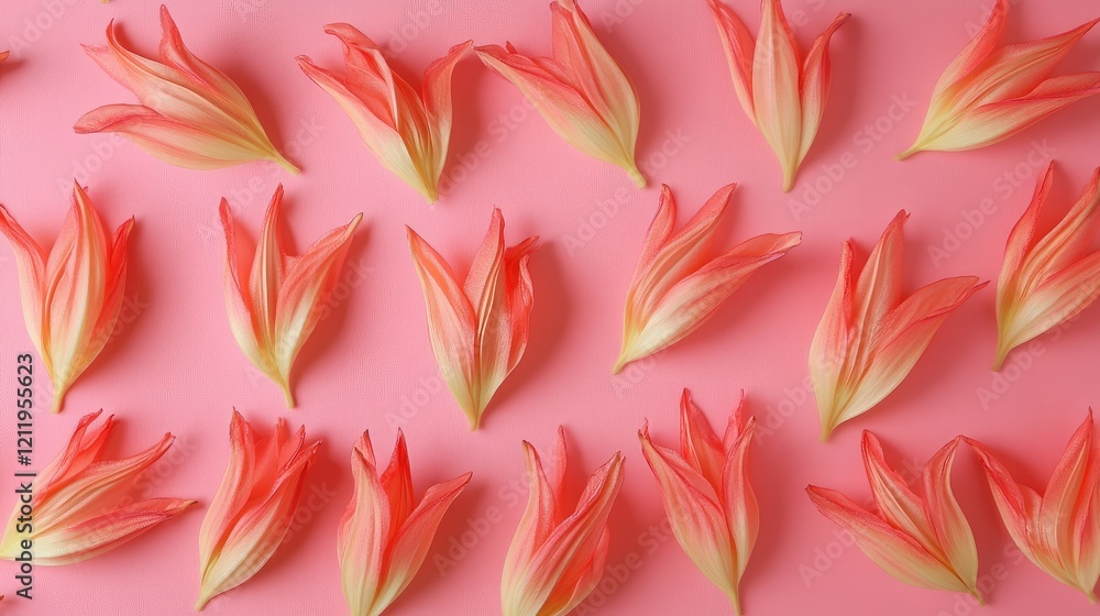 Poster elegant arrangement of tulip petals on a soft pink background showcasing vibrant colors and delicate