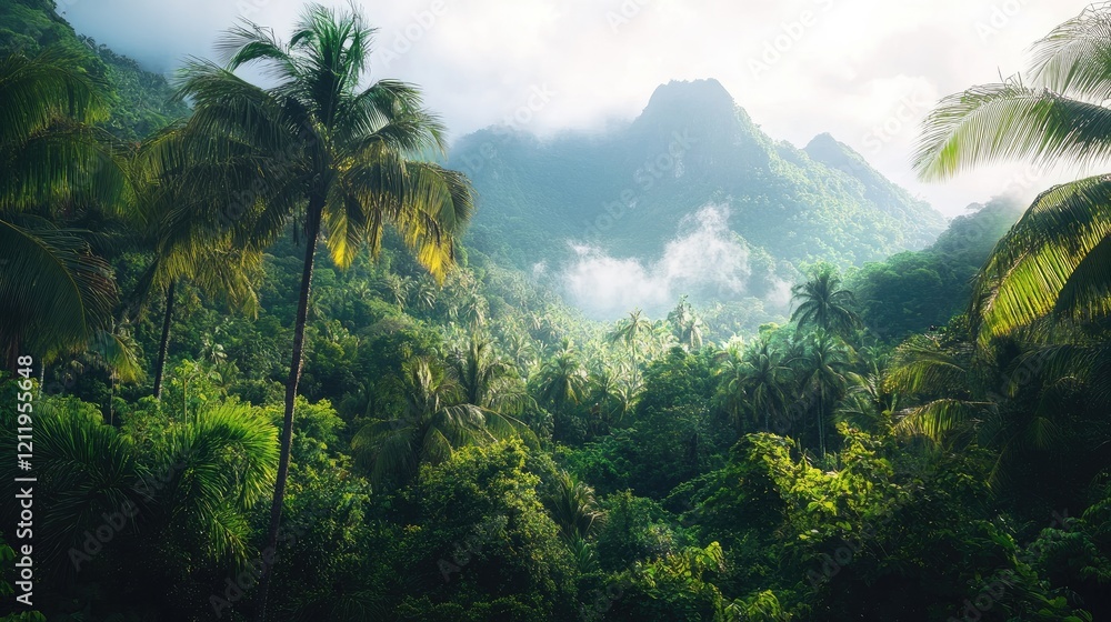 Poster lush tropical landscape with mountains and palm trees shrouded in mist showcasing vibrant nature and