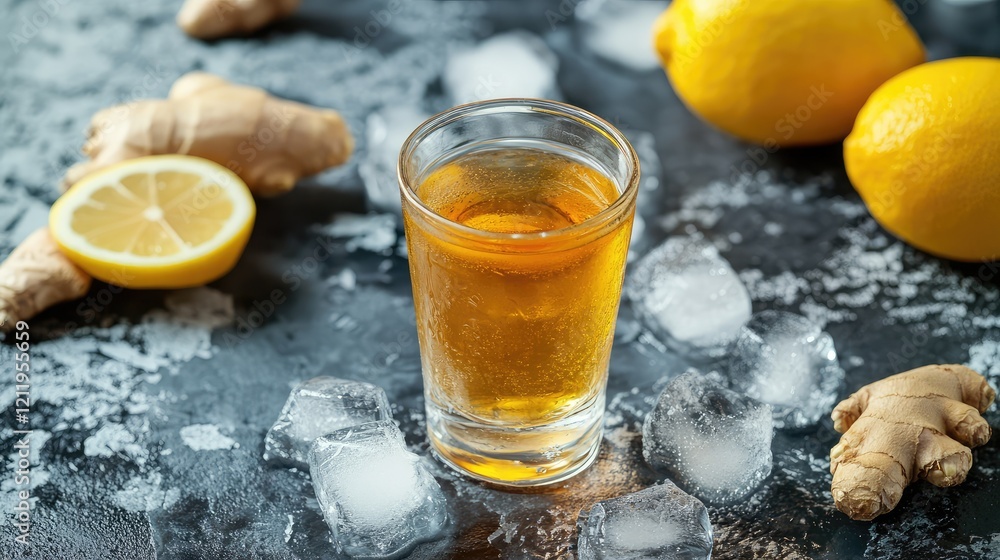 Poster Refreshing ginger shot in a small glass surrounded by fresh lemon slices and ginger root on a textured dark surface with ice cubes