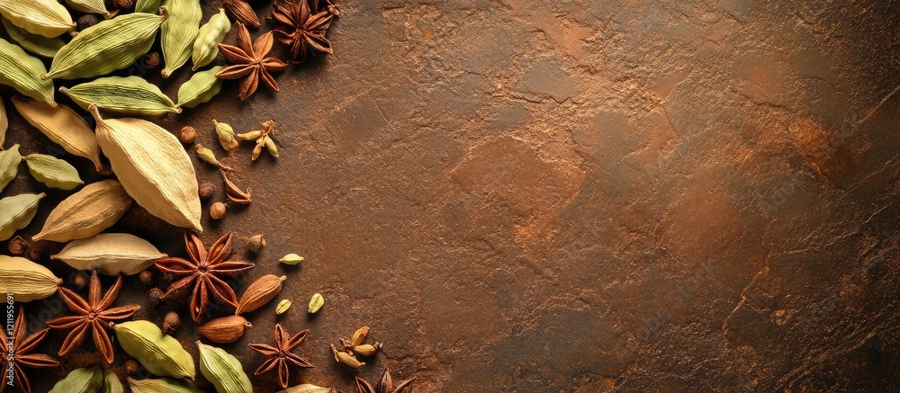 Poster top view of lush green cardamom and star anise spices arranged on a rustic brown textured background