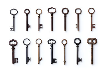 Collection of different old vintage keys isolated on white background