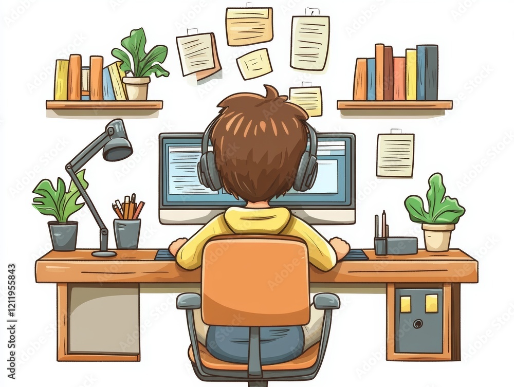 Poster employee working at desk with computer in vector illustration style
