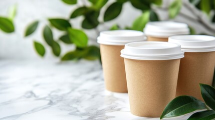 Eco-friendly paper cups with leaves on marble table, featuring oil storage container in background, perfect for sustainable dining concepts.