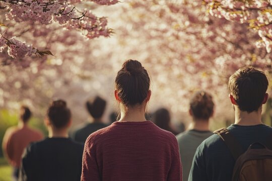Group of friends or family gathered under blooming cherry tree, perfect for springtime or social gatherings
