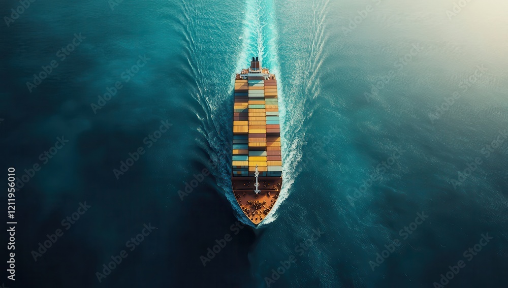 Poster aerial view of a large container ship navigating through calm blue waters with colorful cargo contai