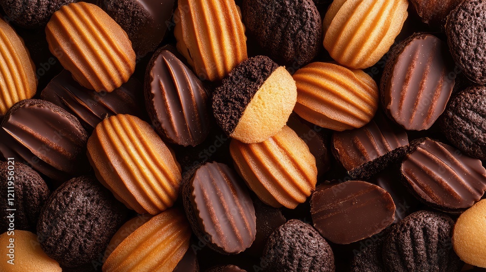 Poster assorted chocolate and madeleine pastries in rich brown and golden tones from a top view arrangement