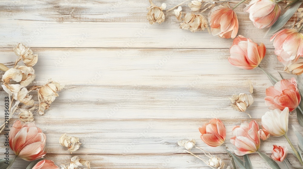 Aufkleber Delicate tulips and floral accents arranged on a rustic wooden background creating a serene and inviting atmosphere for design and decor.