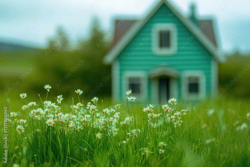 Poster a greenhouse surrounded by colorful flowers, perfect for use as a background or in nature and agricu
