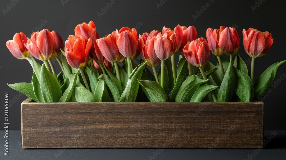 Poster vibrant pink tulips arranged elegantly in a rustic wooden box on a dark background creating a charmi