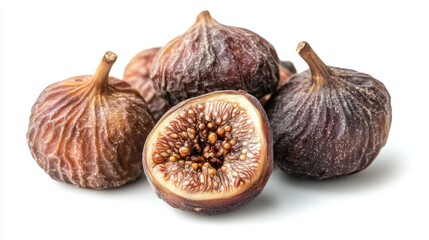 Fototapeta premium Turkish dried figs arranged on a white background showcasing their texture and interior details. Perfect for food and health imagery.