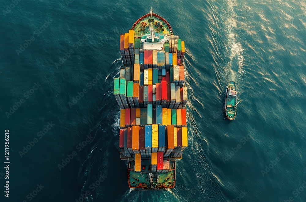 Poster aerial view of a large container ship surrounded by calm waters, with another tugboat assisting in n