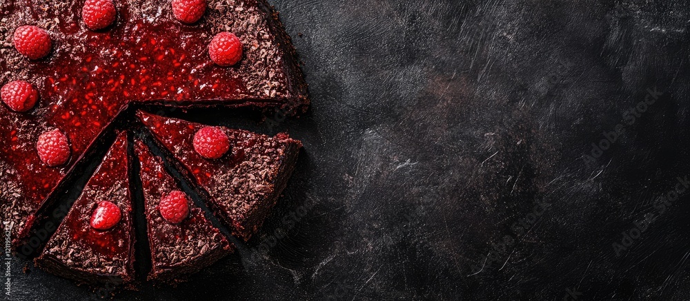 Aufkleber Sliced chocolate raspberry cake with vibrant red raspberries on a dark slate background featuring empty text space for promotional use