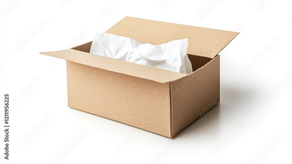 Aufkleber cardboard box with open lid and blank label for custom packaging isolated on white background