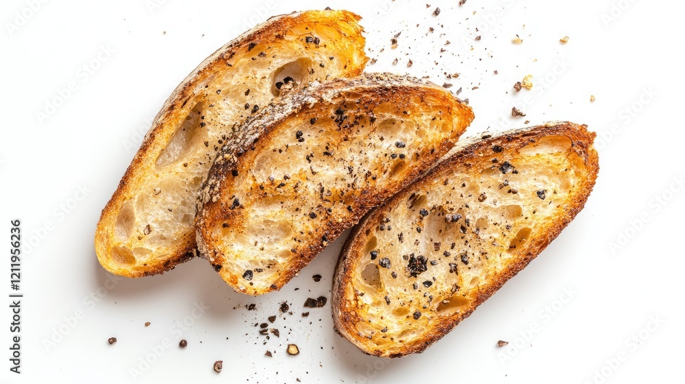 Poster toasted artisan bread slices with crispy edges and sprinkled spices on a clean white background view
