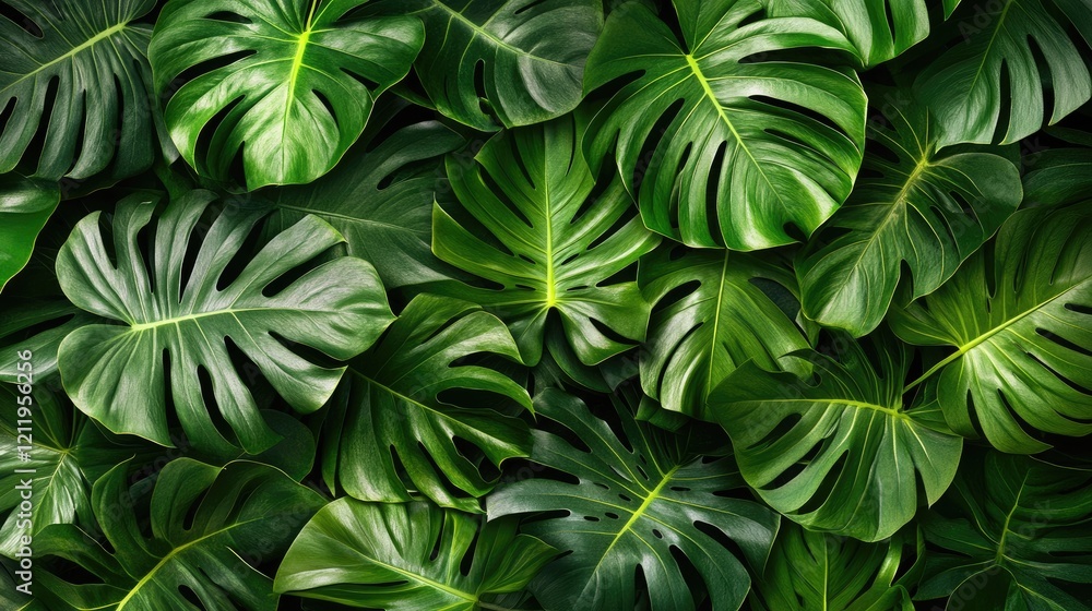 Aufkleber Tropical green leaf background texture ideal for design projects with space for text in a lush jungle setting