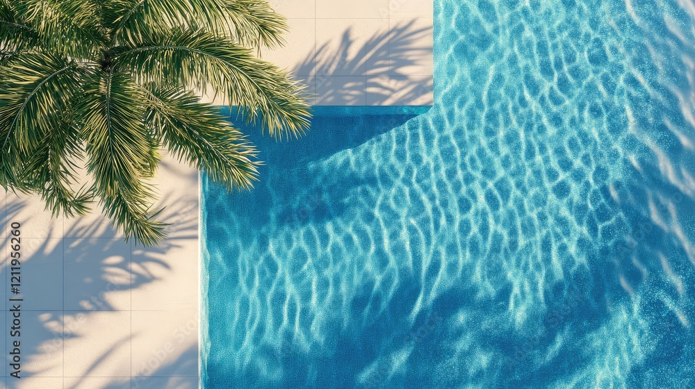 Poster aerial view of a modern resort swimming pool with vibrant blue water surrounded by sunlit tiles and 