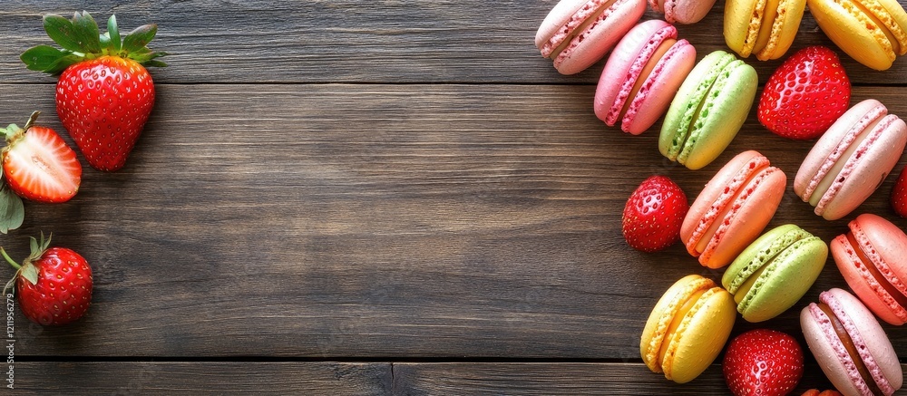 Poster vibrant assortment of macarons in pastel colors with fresh strawberries on rustic wooden table, empt