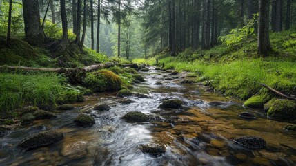 Obraz premium Serene forest stream surrounded by lush greenery and mossy rocks in a tranquil natural setting