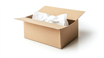 Cardboard Box with Open Lid and Blank Label for Custom Packaging Isolated on White Background