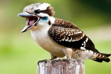A kookaburra perched on a wooden fence post, its distinctive laughter echoing through the bushland
