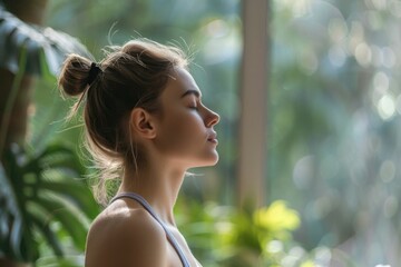 Fototapeta premium Young woman meditating finding peace and relaxation.