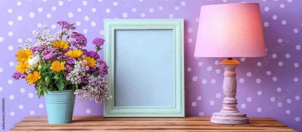 Poster vibrant flowers and elegant lamp on rustic wooden table with lilac polka dot backdrop creating a war