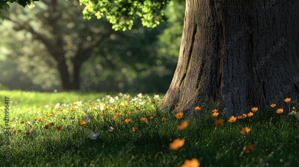 Aufkleber Closeup of tree trunk in a sunlit meadow with wildflowers creating a serene and tranquil nature scene ideal for outdoor themes.
