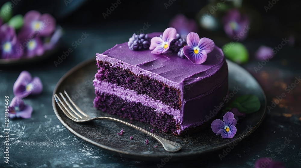 Poster elegant purple cake adorned with edible flowers on a dark table setting showcasing intricate layers 